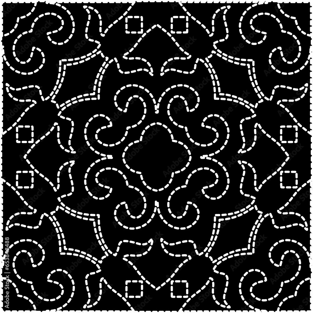 A repeat pattern of white dots on a black background. White mandala.
A repeat pattern of white dots on a black background. White mandala.