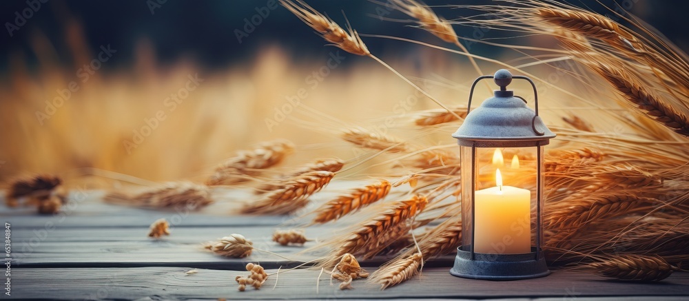 Summer harvest symbol handmade lantern and wheat on garden table natural background Represents Lammas LughAIdh pagan holiday wiccan sabbat witchcraft ritual - obrazy, fototapety, plakaty 