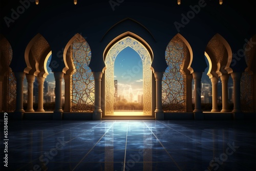 Islamic mosques interior illuminated by the soft radiance of moonlight