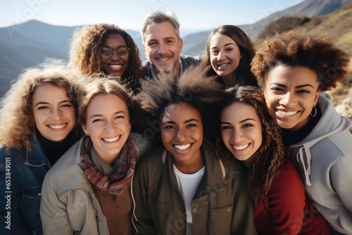 A diverse group of young friends, happy and smiling, enjoying a trip to the mountains