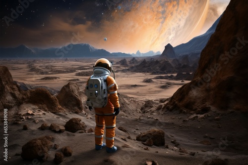 Mission to the unknown astronaut looks around on another planet