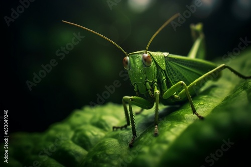 Close-up photo of a grasshopper on a leaf showcasing its details and leaf texture, highlighting focus control. Generative AI © Adira
