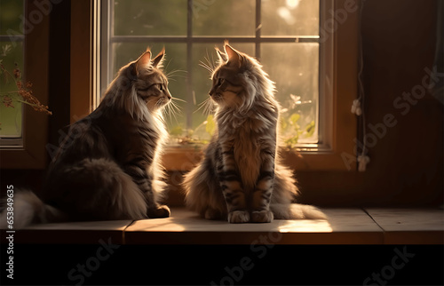 Two Maine Coon cats sitting on a window sill at sunset. photo