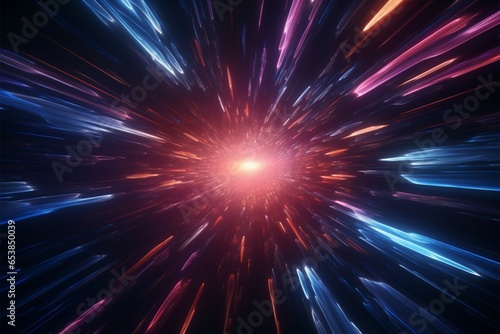 3D hyper warp abstract flight through neon space time tunnel