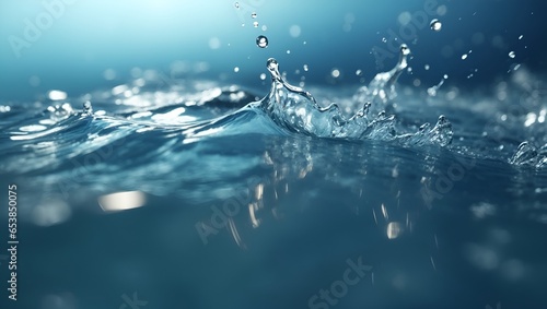 Blue water background. Splash and drops. Minimal abstract summer or cosmetic concept. With copy space.