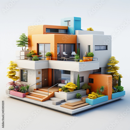 simple 3d house, cartoonish modern style, white with orange on a light background, geometric rectangular shapes