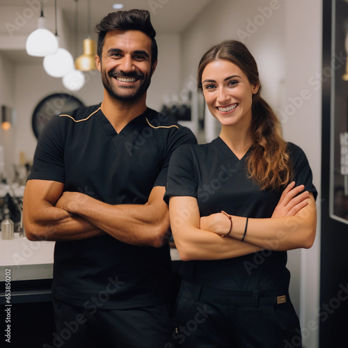 a good-looking and successful male and female team, consisting of a dentist, businessman, and spa-hotel administration, dressed in black