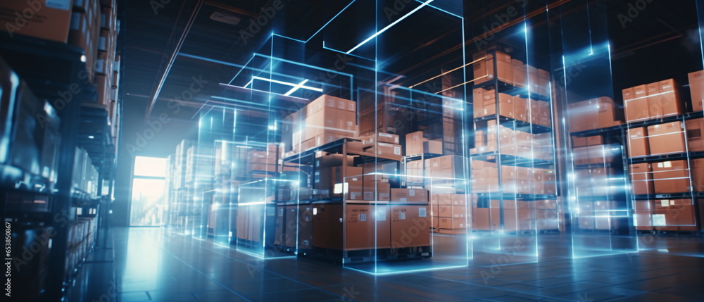 Futuristic Technology Retail Warehouse: Digital and Visualization of Industry 4.0. smart logistics, ecommerce and delivery concept in modern industry. Generative ai - obrazy, fototapety, plakaty 