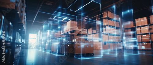 Futuristic Technology Retail Warehouse: Digital and Visualization of Industry 4.0. smart logistics, ecommerce and delivery concept in modern industry. Generative ai photo