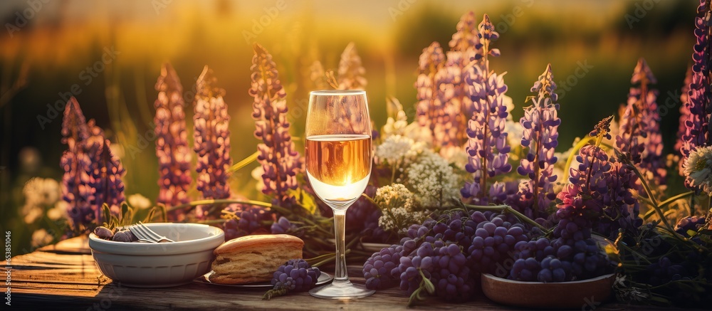 Romantic meadow setting with purple lupines wine flowers silverware fruits wooden furniture picnic basket and golden sunset