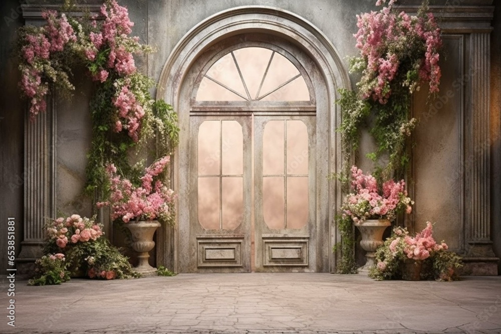 Backdrops overlays for photography studio with doors and flowers arch, perfect for creating stunning backgrounds. Generative AI