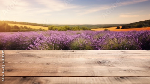 Wooden table with a lavender field in the background. AI Generated
