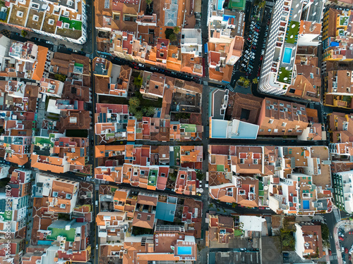 Spanish city Las Galletas aerial view, cozy buildings colorful roofs, Tenerife