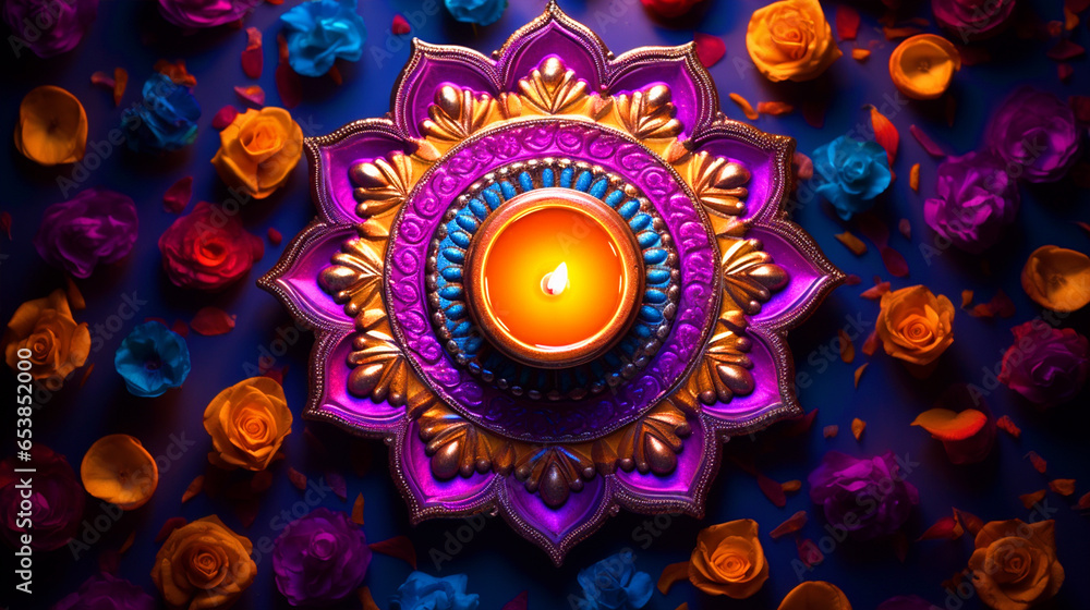 Diya placed in middle of colorful rangoli top view happy Diwali background - ai generative - obrazy, fototapety, plakaty 