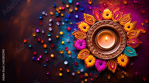 Diya placed in middle of colorful rangoli top view happy Diwali background - ai generative