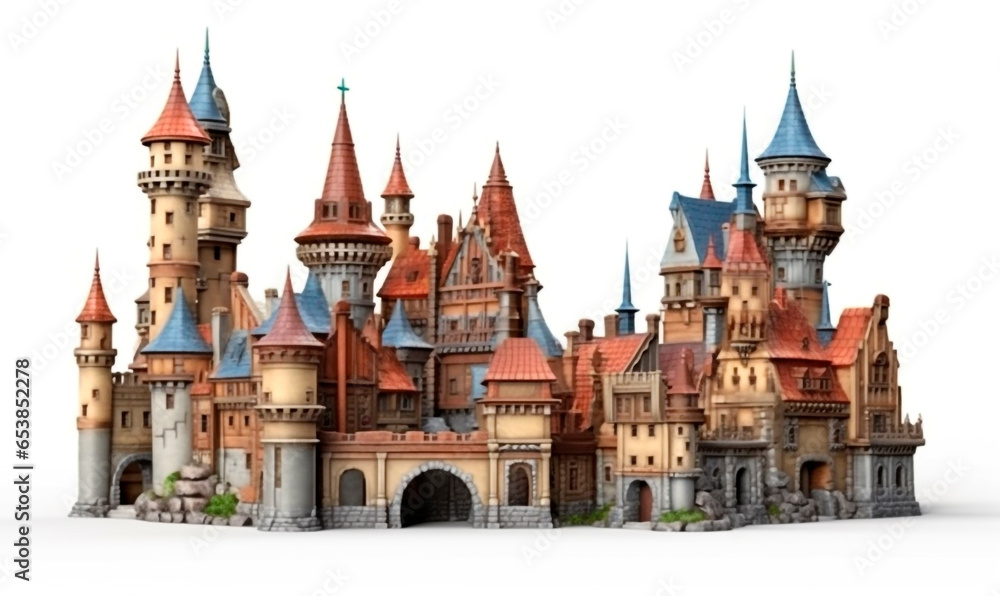 Medieval city castle background. Colorful 3d gothic fantasy fortress in renaissance style with towers and central gate with red and blue tile roofs - obrazy, fototapety, plakaty 