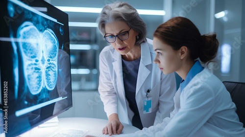 A senior experienced employee helps a young new girl at work by showing a brain X-ray in the field of innovative and advanced medicine and neurophysiology. photo