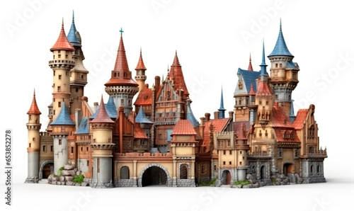 Medieval city castle background. Colorful 3d gothic fantasy fortress in renaissance style with towers and central gate with red and blue tile roofs photo