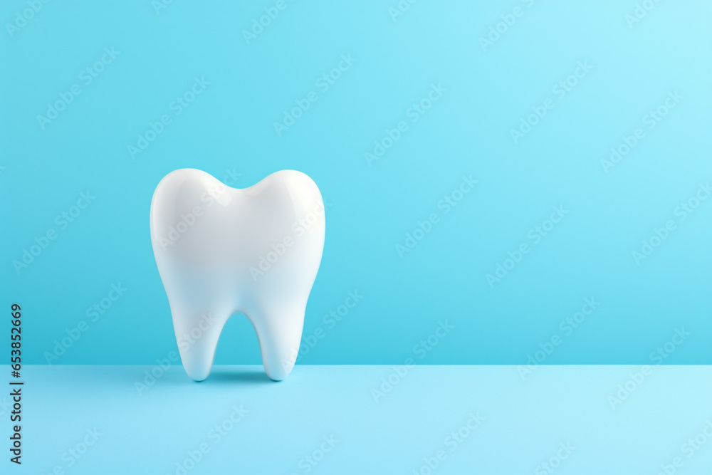 Tooth on light blue background with space for text - obrazy, fototapety, plakaty 