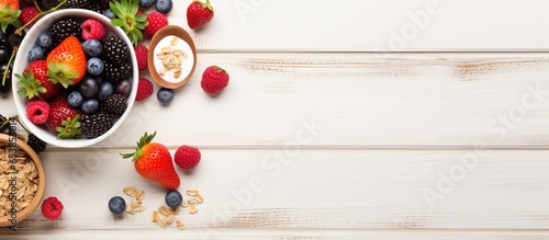 Wholesome morning meal with oat granola milk fruit and honey