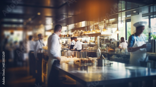 Blurry Vision Inside a Busy Cafe: Restaurant Staff Diligently Preparing & Serving Delicious Meals to Diners. Generative AI.