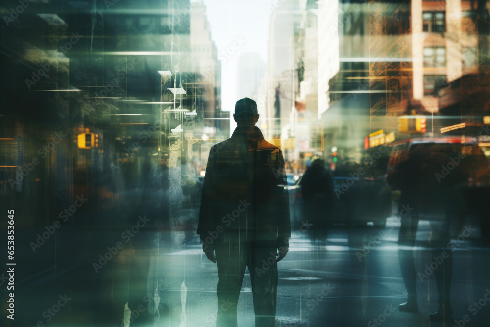 Portrait of young man on a hustling street. Double exposure with man and city on the background