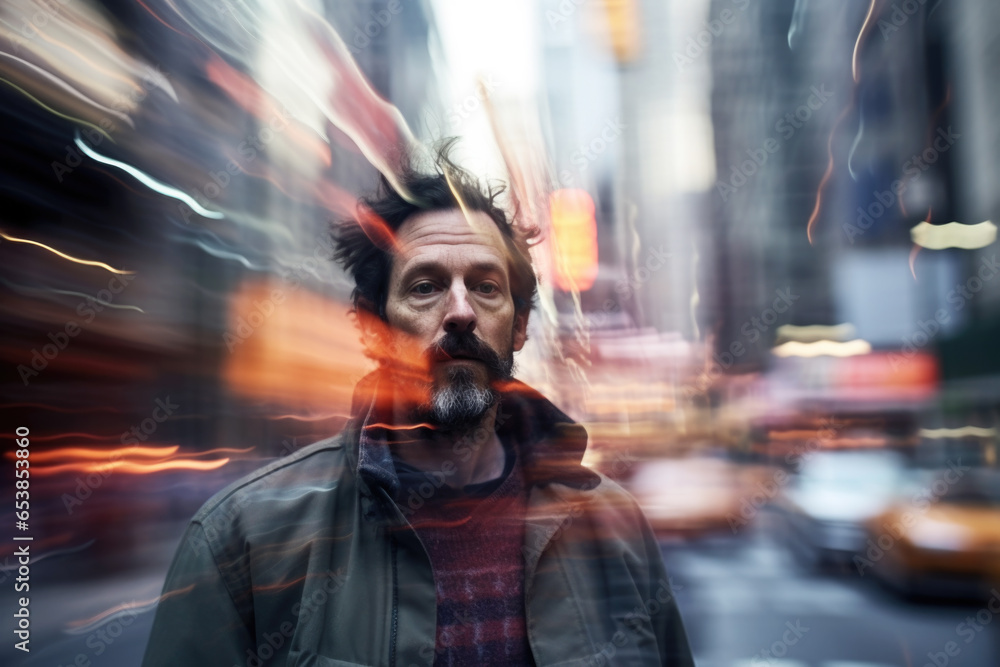 Portrait of  a man on a hustling street. Double exposure with man and city on the background