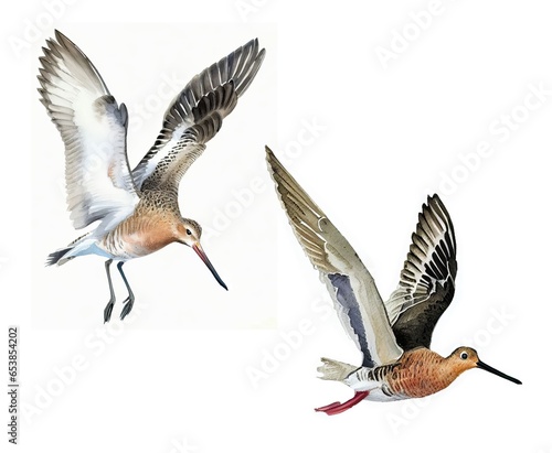 Watercolor painting of Bar-tailed Godwits flying isolated on a white background