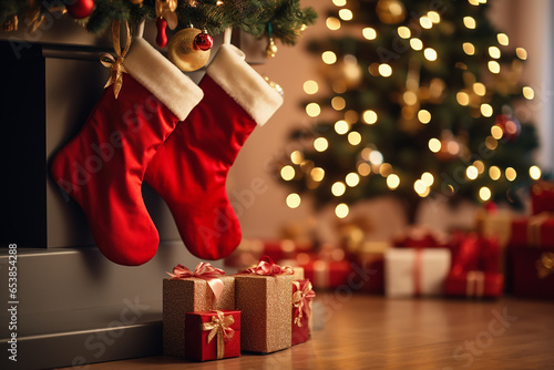 Red Santa Claus hat and sock hanging under christmas tree in the house, Christmas stockings. Generate Ai