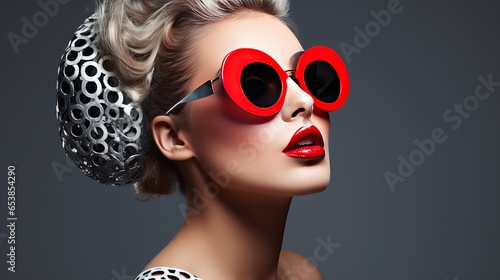 Stunning female model in close-up sporting artistic makeup and eccentric sunglasses. On a gray background, a lovely woman is absentmindedly looking at something.
