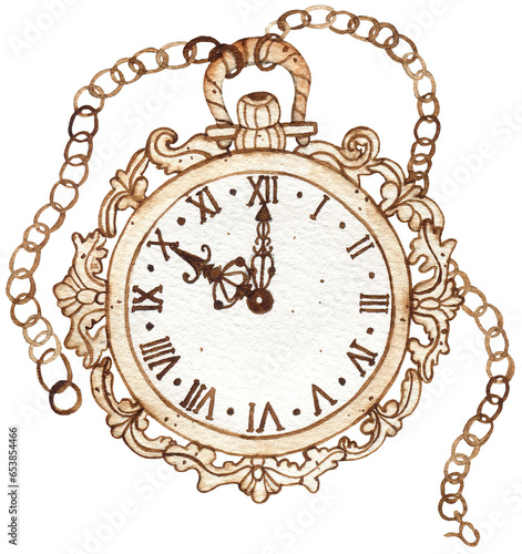 Watercolor vintage clock illustration isolated on white background