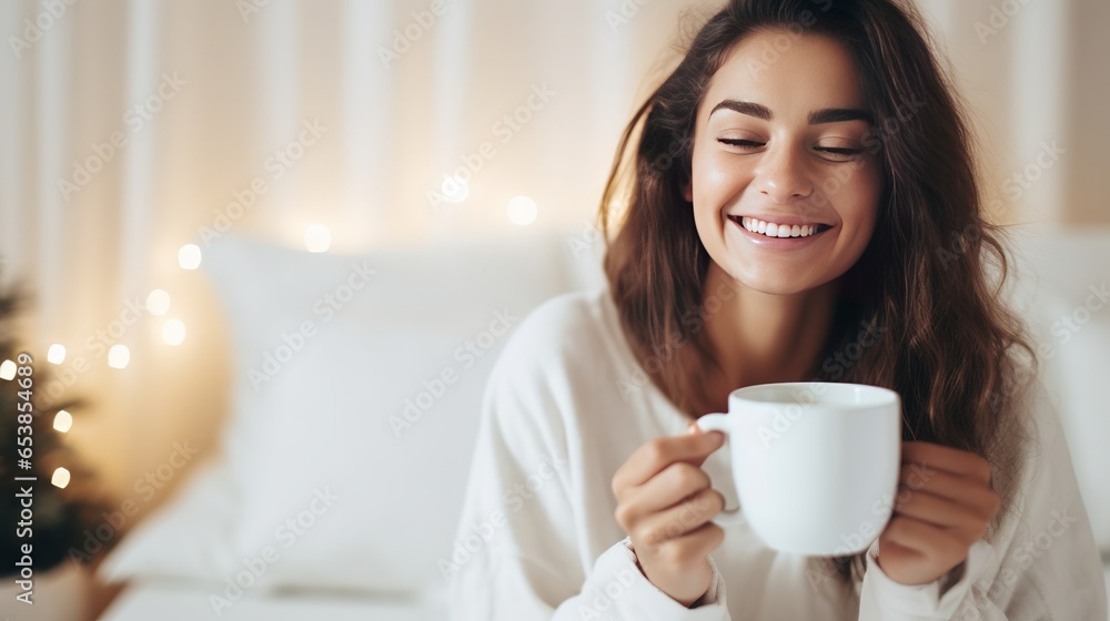 Close-up of a content woman enjoying a cup of coffee in bed at home for the concept of drink, Christmas, and hygge. Close-up of a content woman enjoying a cup of coffee in bed at home for the concept of drink, Christmas, and hygge.