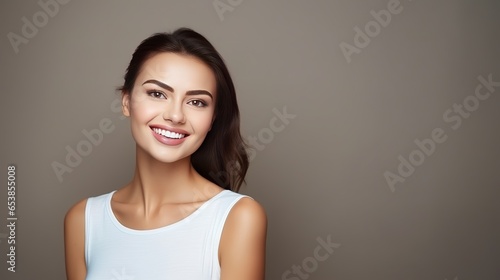 lovely young lady with a smile. On the big picture, white teeth. Useful background and available space.