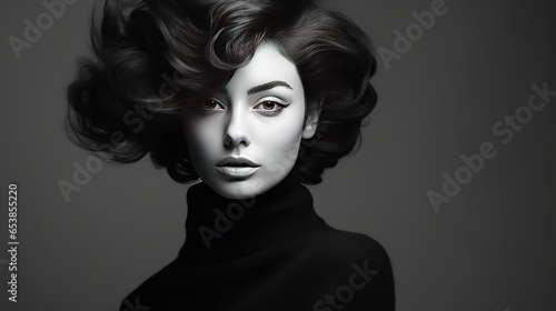 Beautiful  elegant woman in a black turtleneck is depicted in black and white in a fashion art studio portrait. The high beam is covered in hair.