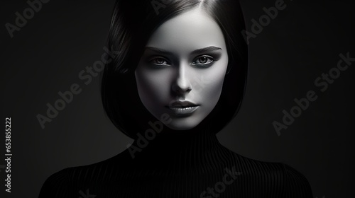 Beautiful, elegant woman in a black turtleneck is depicted in black and white in a fashion art studio portrait. The high beam is covered in hair.