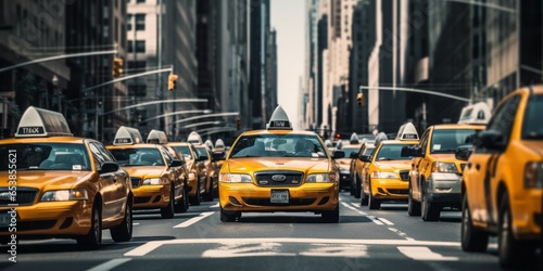 Taxi Cabs in a City: Urban Transportation in Action as Yellow Taxis Navigate Busy Streets, Providing Vital Public Transportation Services in the Metropolitan Area. © Ben