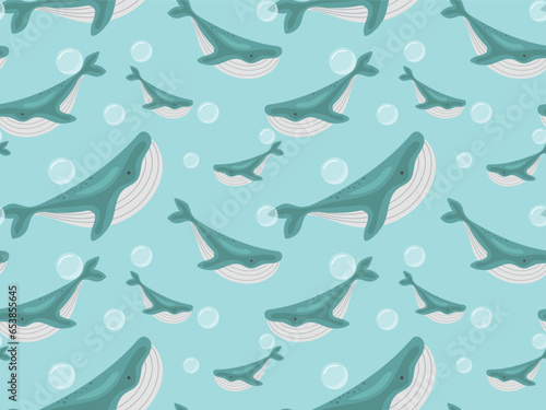 Seamless pattern with whales and air bubbles. vector illustration for wallpaper, wrapping paper, covers.