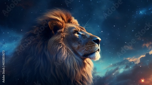 The monarch of creatures, soaring butterflies, amid a moonlight landscape. Proud fantasy lion in the grassland gazing at the skies. Banner with a majestic dramatic starry sky. © Nazia