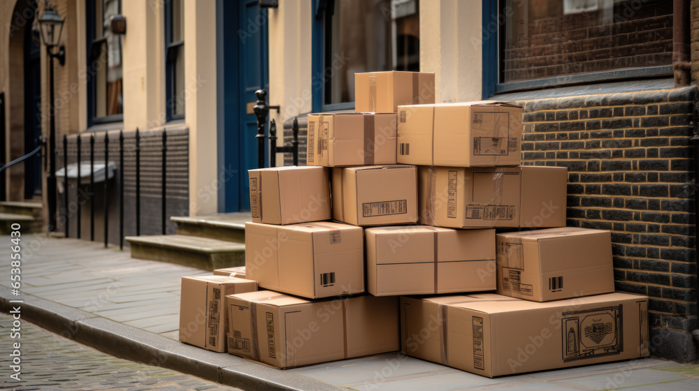 Delivered parcels on door mat near entrance Delivered parcels on door mat near entrance
