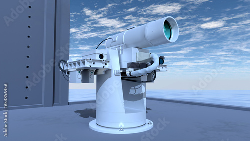 Laser weapon on the deck of a ship