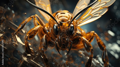  a close up of a bee on a dark background with lights. generative ai