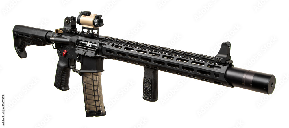 Modern automatic rifle isolated on white background. Weapons for police, special forces and the army. A carbine with red dot sight and silencer on a white back.