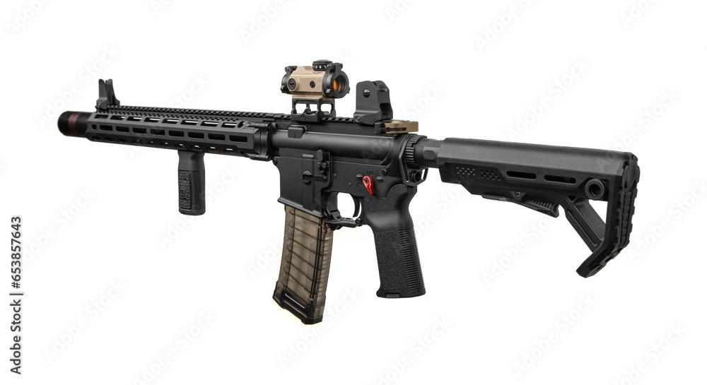 Modern automatic rifle isolated on white background. Weapons for police, special forces and the army. A carbine with red dot sight and silencer on a white back.