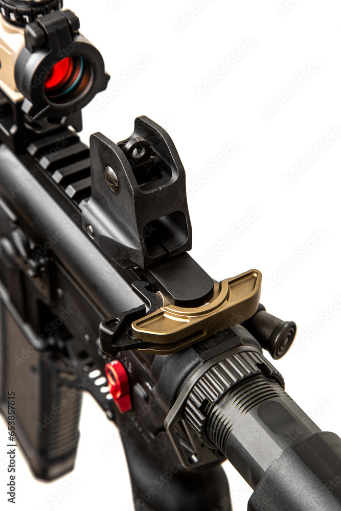 Close-up of sights on an automatic rifle. Weapons for police, special forces and the army. A carbine with red dot sight and silencer on a white back