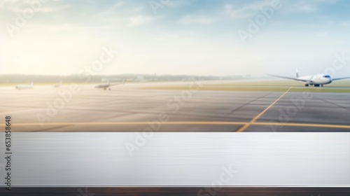 empty table white top with blur background of air port, Advertisement, Print media, Illustration, Banner, for website, copy space, for word, template, presentation.