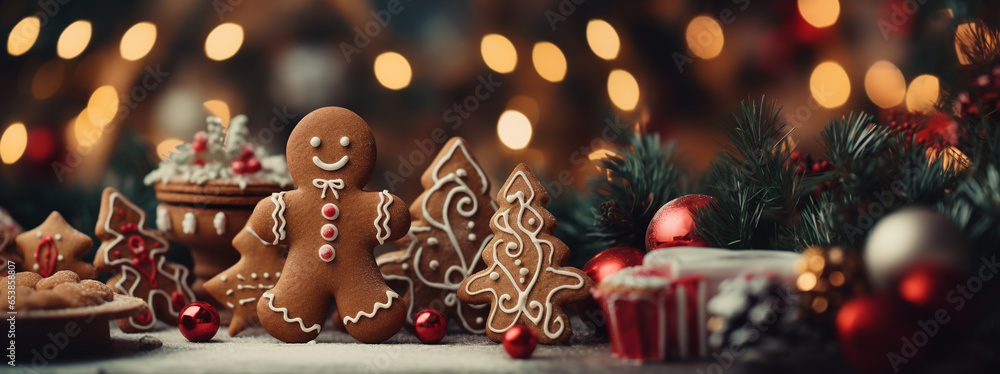 Christmas gingerbread cookies and gingerbread man with Christmas decorations on dark background with lights. Traditional Christmas baking.