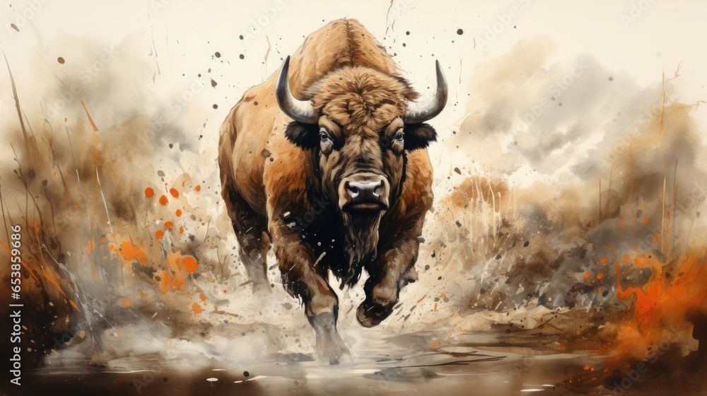 American Bison in a watercolor painting style