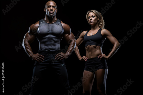 Striking Display of Physical Mastery  Strong Man and Woman Posers Showcase Bodybuilding Prowess on Opaque Black Background