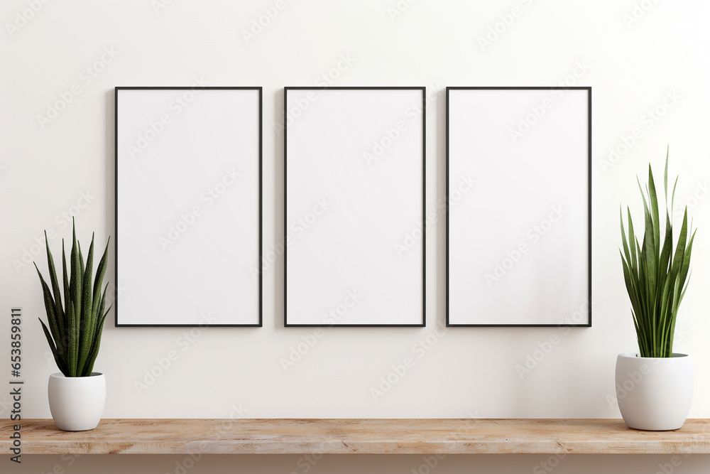 Minimal mockup of three vertical posters with a black frame, wooden desk with plants interior Minimal mockup of three vertical posters with a black frame, wooden desk with plants interior
