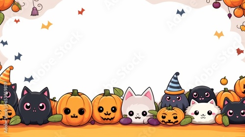 Halloween cute kawaii monsters frame with pumpkin, background with copy space